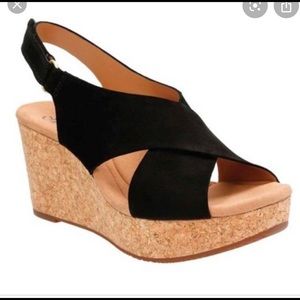 Clark’s cork heel wedge. Black leather. Size 8